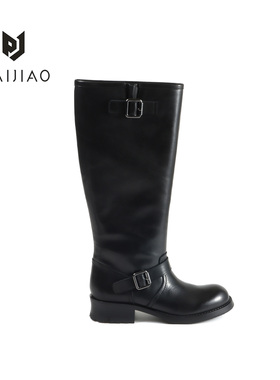 复古牛皮圆头带扣酷飒设计搭配手工厚底女骑士高筒马丁靴XC1110-2
