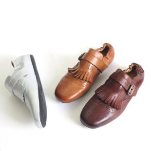 复古做旧雕花布洛克鞋马皮流苏圆头粗跟平底单鞋手工小皮鞋3225-1