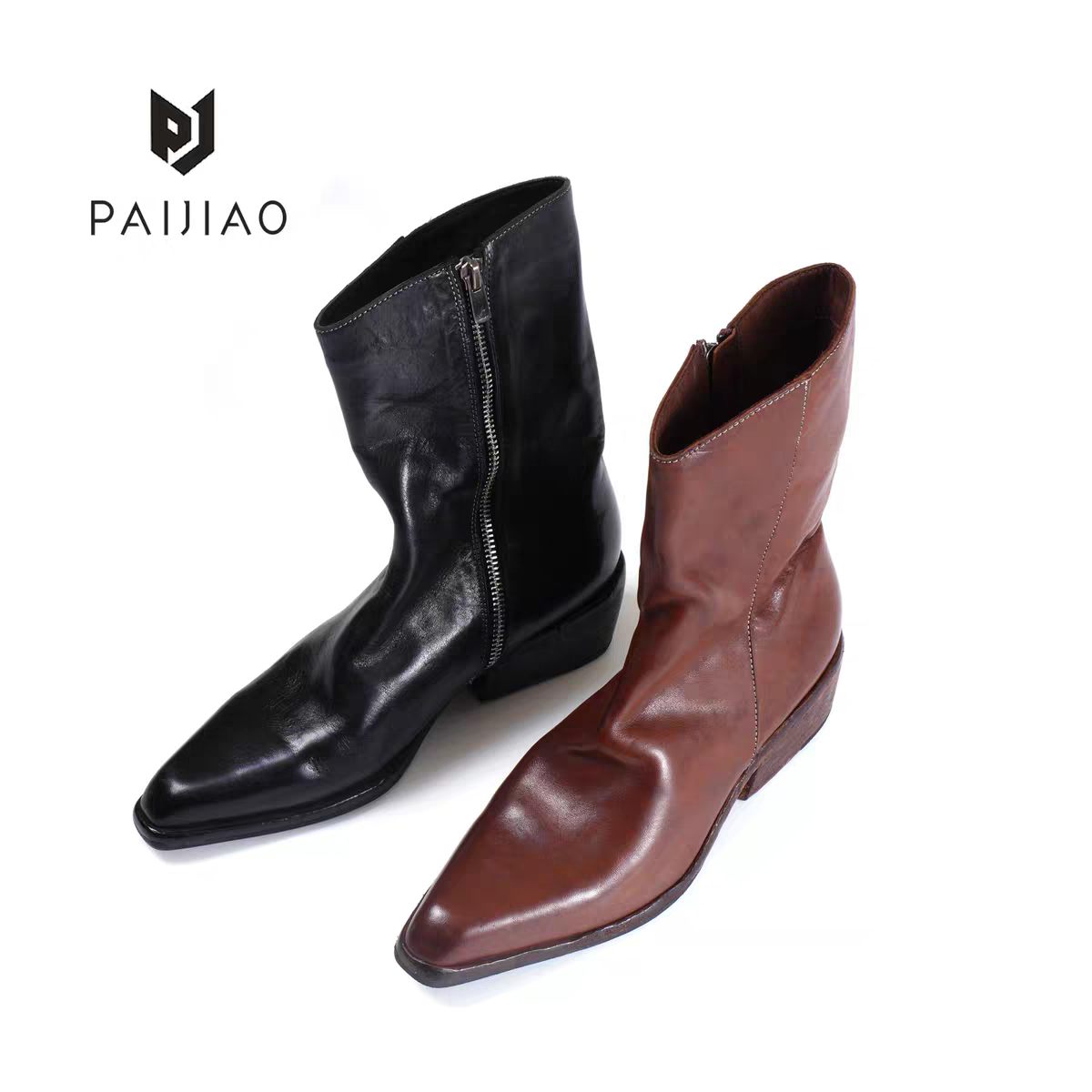 排角极简尖头真皮底马皮水洗短靴