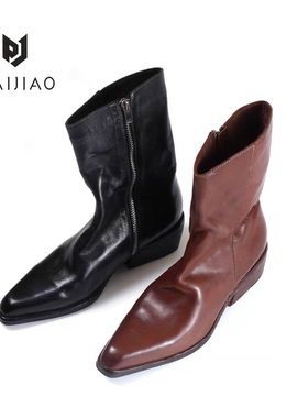 时髦尖头水洗马皮侧拉链真皮底粗跟单靴短靴女西部马丁靴XBH008-1