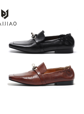 马皮手工锁扣复古方头单鞋褶皱高端气质一脚蹬乐福鞋小皮鞋XC800
