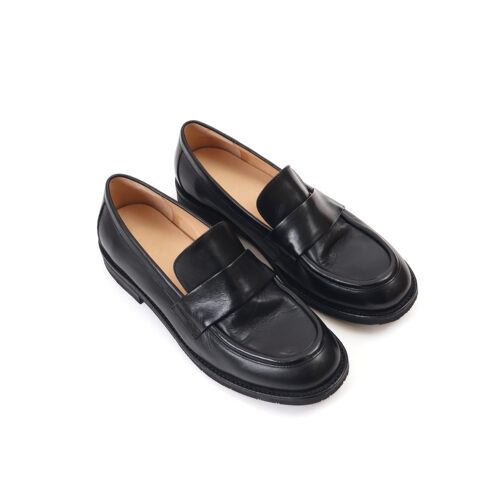 排角粗跟圆头英伦风一字带乐福鞋