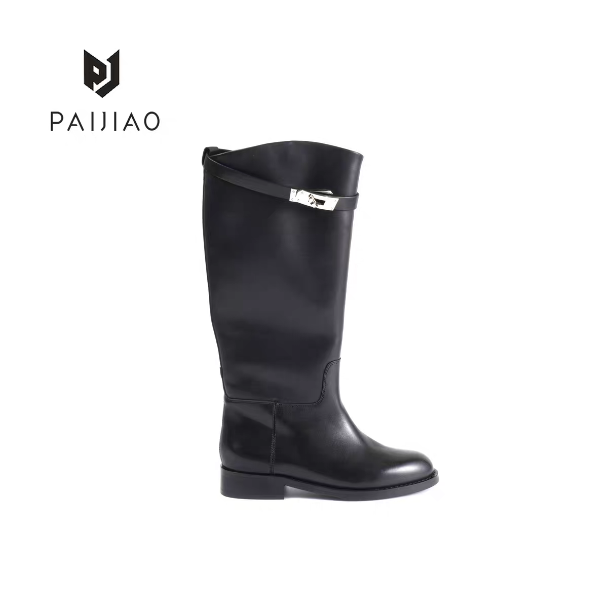 排角凯丽扣骑士靴粗跟套筒