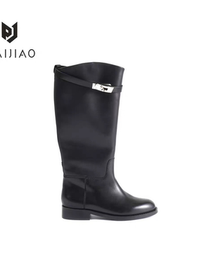 小牛皮尖圆头锁扣黑色长筒靴骑士靴真皮靴子修饰腿型长靴XC1110-8