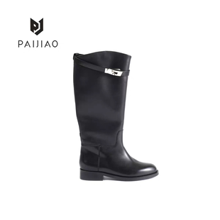 小牛皮尖圆头锁扣黑色长筒靴骑士靴真皮靴子修饰腿型长靴XC1110-8