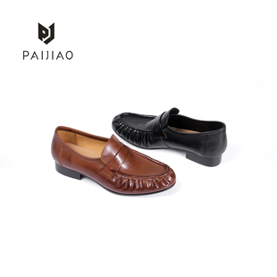 【排角】 手工马皮褶皱乐福鞋女复古圆头软底通勤单鞋XD113050