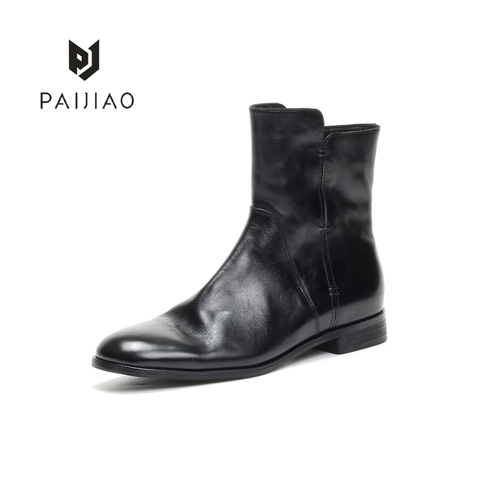 PAIJIAO 秋冬时装靴水洗马皮方头切尔西短靴侧拉链骑士靴ZH711-1
