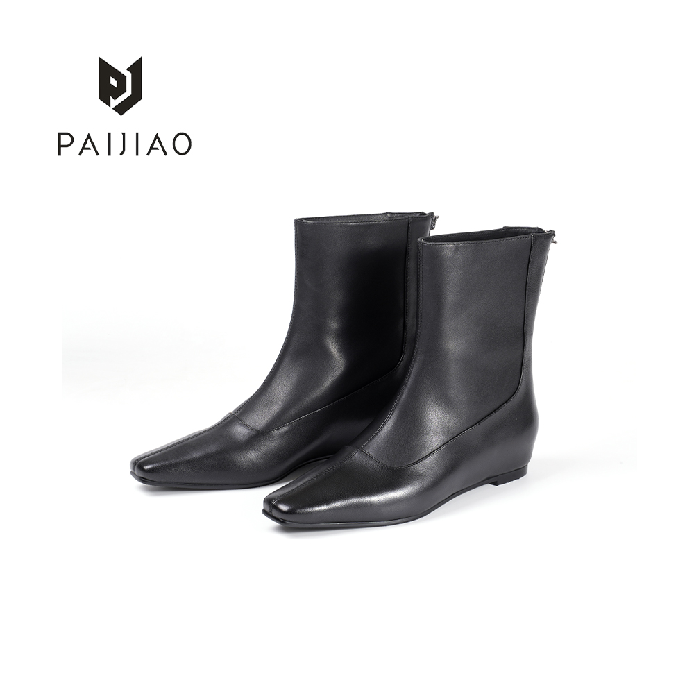 排角尖头内增高羊皮短靴