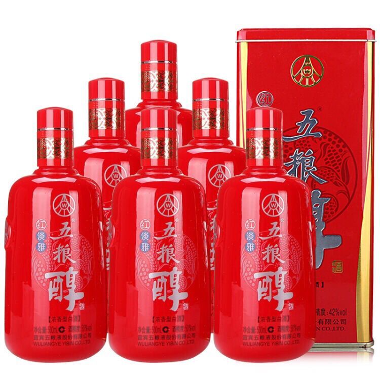 四川宜宾五粮醇红淡雅铁盒42度/50度500ml*6瓶浓香型