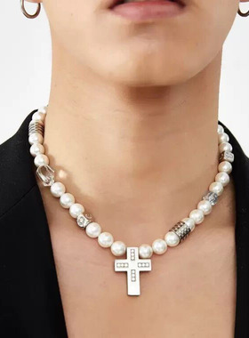 国潮风独特设计感珍珠方块拼接十字架巴洛克项链男颈链配饰潮