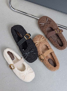 9727韩版蝴蝶结羊绒毛毛鞋女2026秋冬季新款平底一字扣玛丽珍鞋