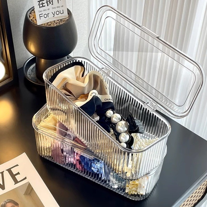 粉扑收纳盒气垫美妆蛋收纳梳妆台桌面化妆品刷子口红条纹防尘