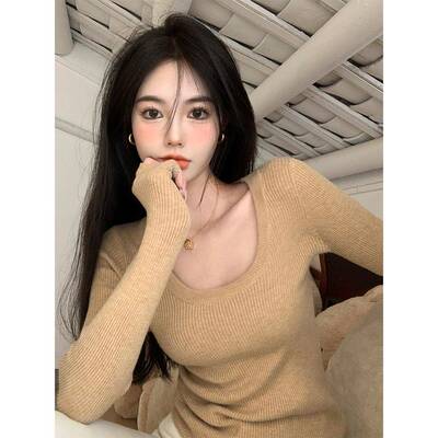 法式覆古低领秋冬针织打底衫女长袖春季t恤高级感内搭上衣ins毛衣