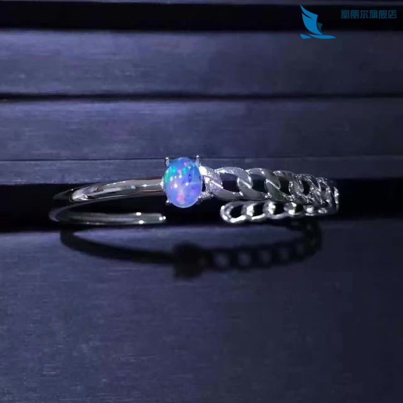 925纯银，玫瑰金，镶嵌欧泊手镯，裸石，活彩光好，主石6*8