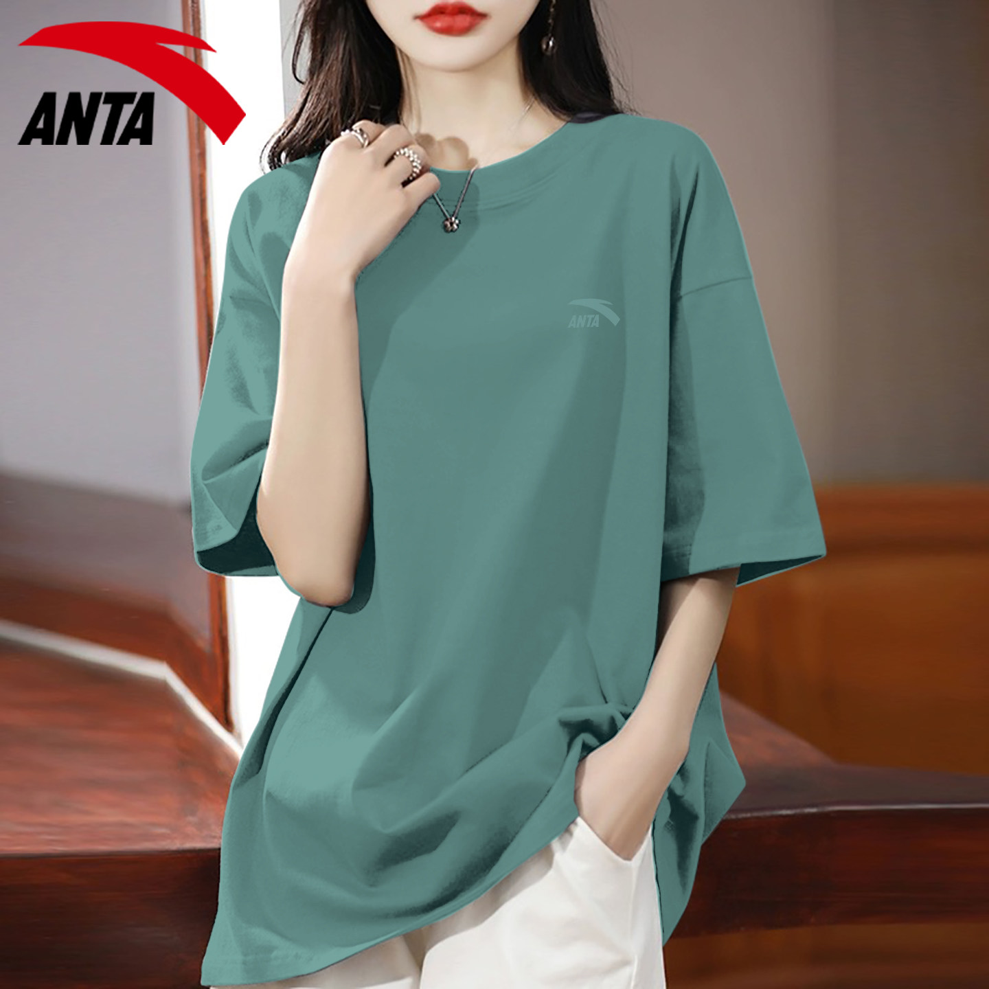 安踏短袖t恤女士宽松长款绿色显白时尚大码2026夏季新款纯棉半袖