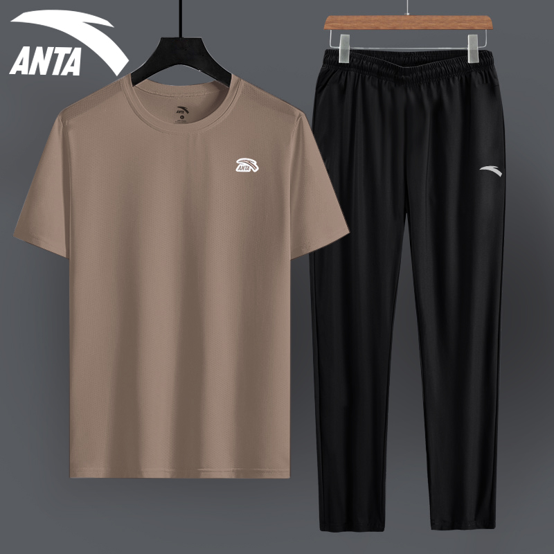 安踏休闲套装男夏季新款纯棉短袖速干长裤时尚休闲透气宽松运动服