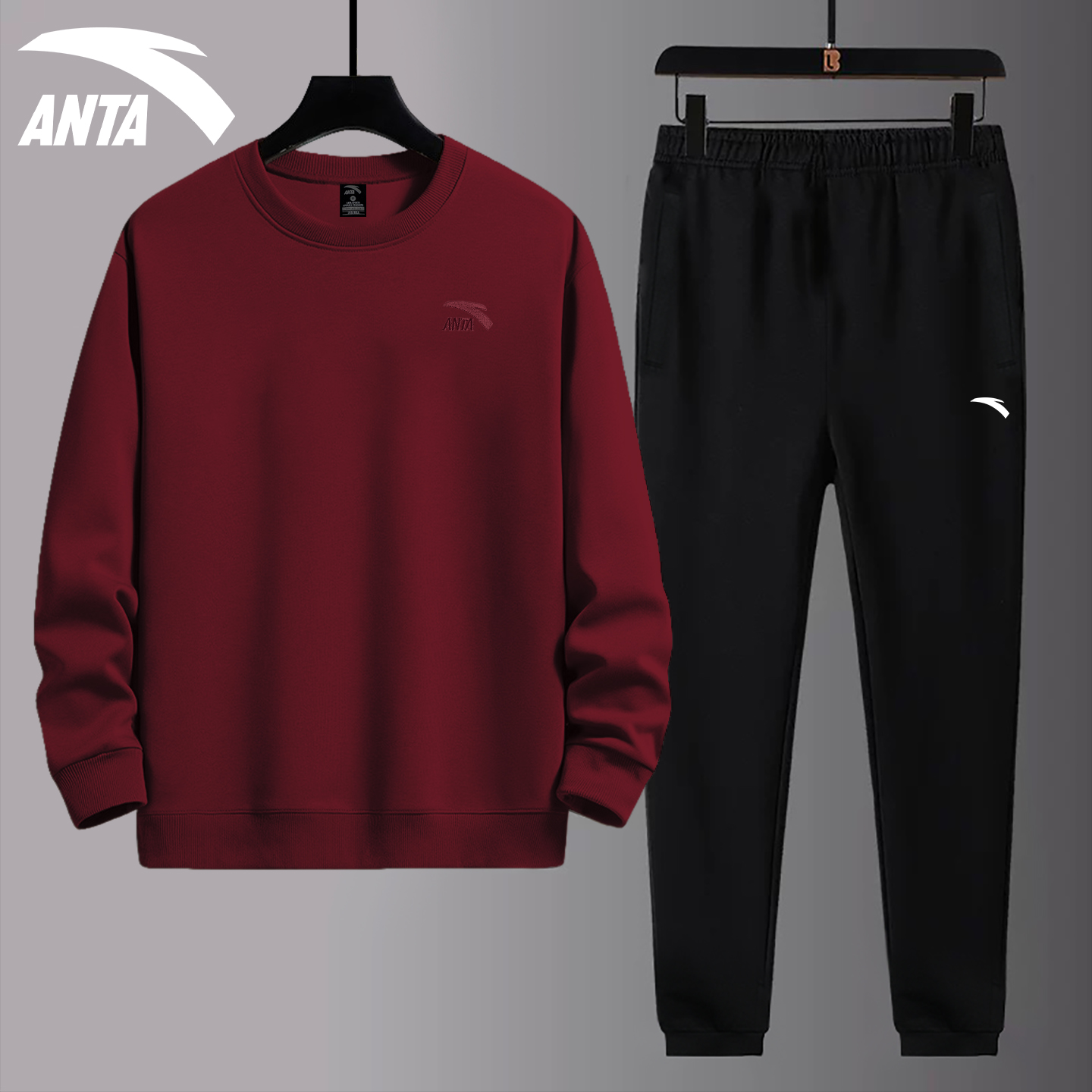 安踏休闲卫衣套装男2025秋季新款宽松跑步加绒长袖直筒长裤运动服