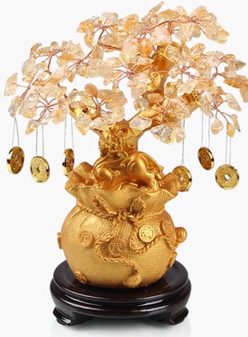 天然黄水晶摇钱树摆件客厅家居酒柜装饰新房乔迁店铺开业礼品招财