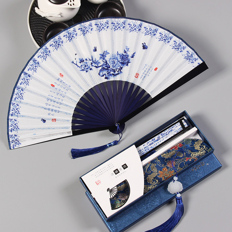 中国风古典青花瓷扇子男士古风折扇汉服随身折叠扇女式小巧旗袍扇