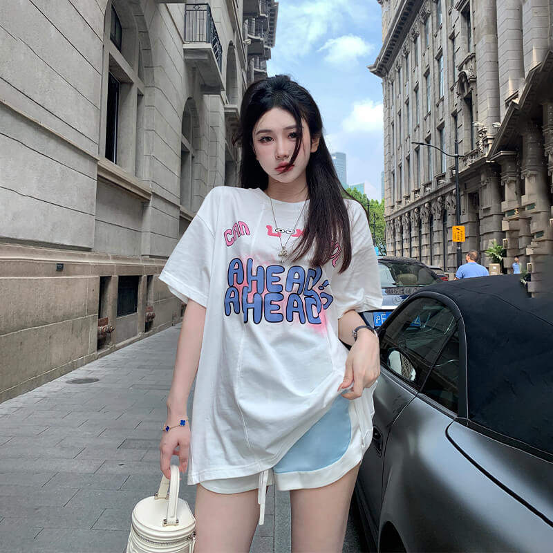 andrea martin白色趣味字母短袖宽松纯棉百搭上衣女2023秋季新款