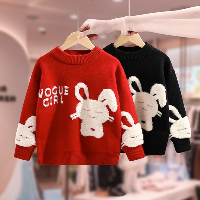 女童毛衣加厚半高领针织衫秋冬2023新款韩版洋气10岁大童红色黑色