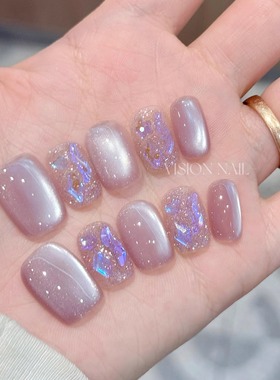 VISION短方纯手工穿戴甲紫色闪粉美甲成品甲片高级感小众指甲贴片