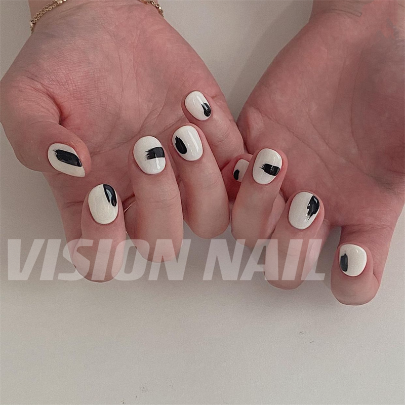 vision nail 黑白简约短款美甲贴片成品可拆卸穿戴甲片