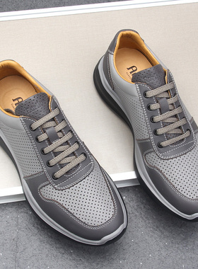 镂空皮鞋男真皮软牛皮夏季透气打孔时尚灰色轻便旅游运动休闲潮鞋