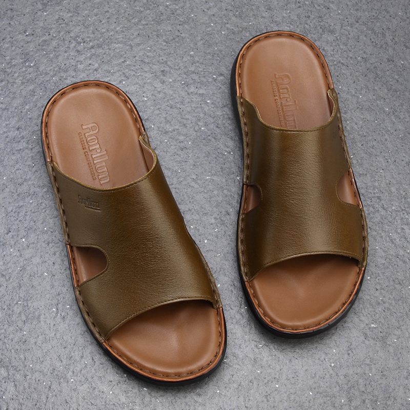 里外全皮簡約透氣舒適男士皮拖鞋