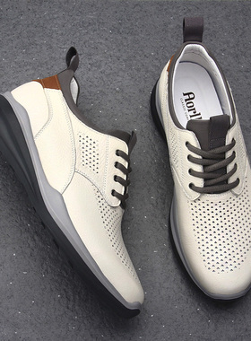夏季打孔休闲皮鞋男真皮软底男鞋白色软皮镂空透气男士运动休闲鞋