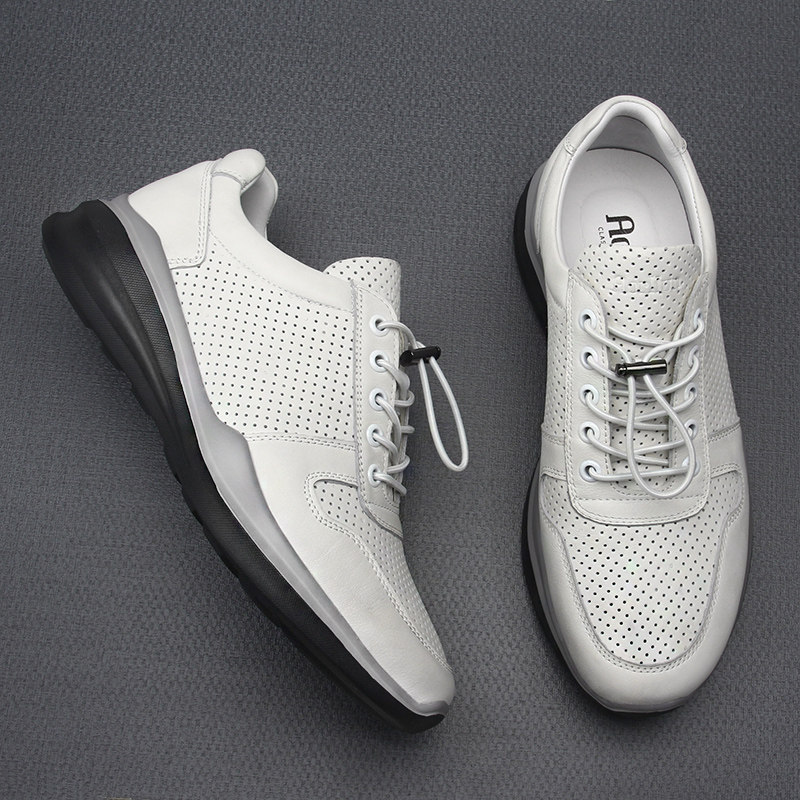 夏季镂空透气休闲皮鞋男真皮软面牛皮冲孔男鞋白色潮流男士运动鞋