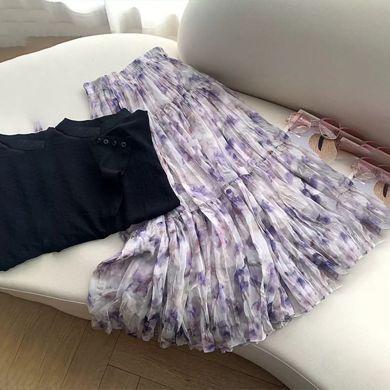 高级感手工扭皱压皱大摆百褶裙紫色印花半身裙女中长款显瘦松紧腰