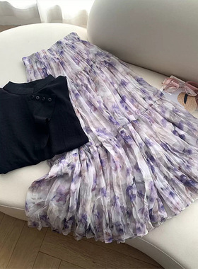 高级感手工扭皱压皱大摆百褶裙紫色印花半身裙女中长款显瘦松紧腰