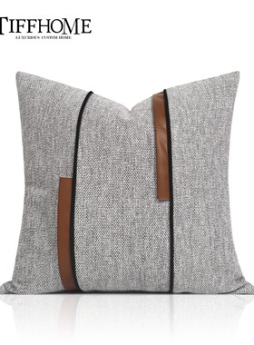 现代轻奢样板房北欧卧室灰白拼接橙色抱枕沙发客厅靠枕床头靠垫包