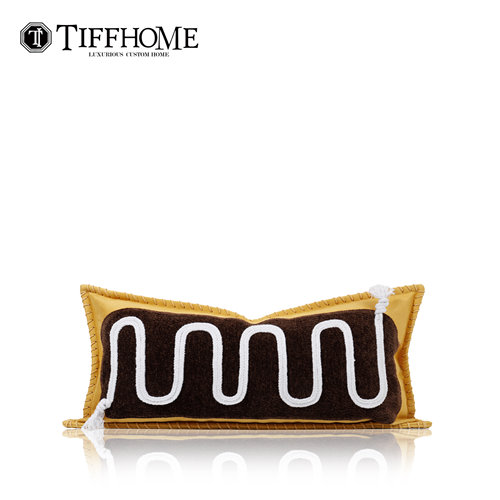 现代卡通皮革混纺编织客厅沙发抱枕黄色条纹腰靠卧室样板间长腰枕
