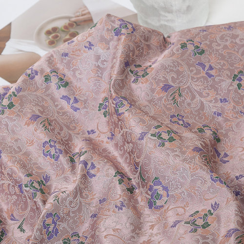 唐装面料宋锦灰粉紫禅莲纹提花