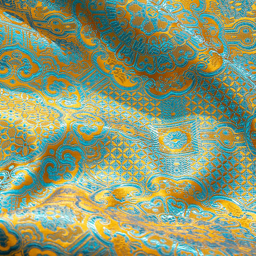 黄底蓝宝相花纹团花纹织锦缎