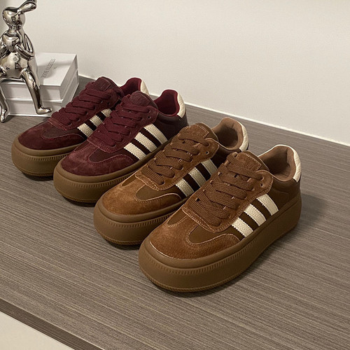 清仓~美拉德真皮厚底德训鞋休闲女鞋秋冬时尚系带百搭板鞋小个子