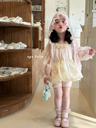 opolala正品90-130女童26夏韩版可爱飞袖纱纱套装蝴蝶结防晒外套