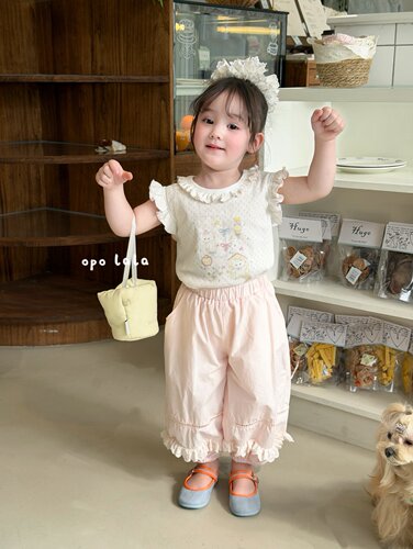 opolala正品90-130女童26夏韩版洋气可爱娃娃领短袖上衣t恤灯笼裤