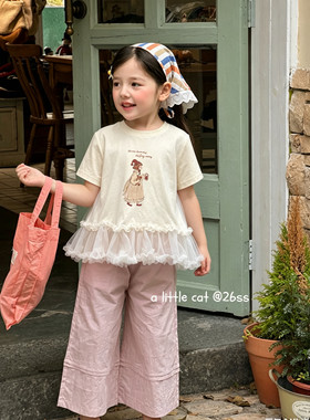 小猫集邮册110-150女童26夏简约洋气时尚网纱短袖上衣纯棉t恤衫