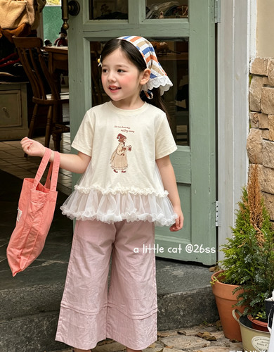 小猫集邮册110-150女童26夏简约洋气时尚网纱短袖上衣纯棉t恤衫