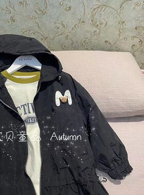 110-150中大童23秋季女童洋气个性休闲百搭黑色连帽抽绳风衣外套