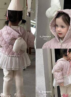 90-130女童25秋7seven韩版洋气可爱百搭夹棉连帽外套加绒打底裤