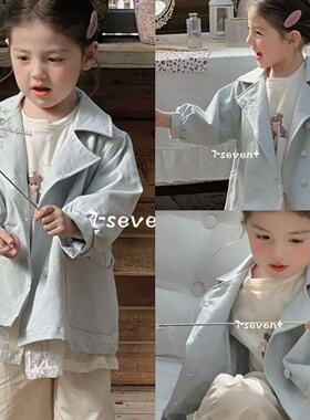 90-130女童小中童25春款7seven韩版简约百搭休闲浅蓝色风衣外套