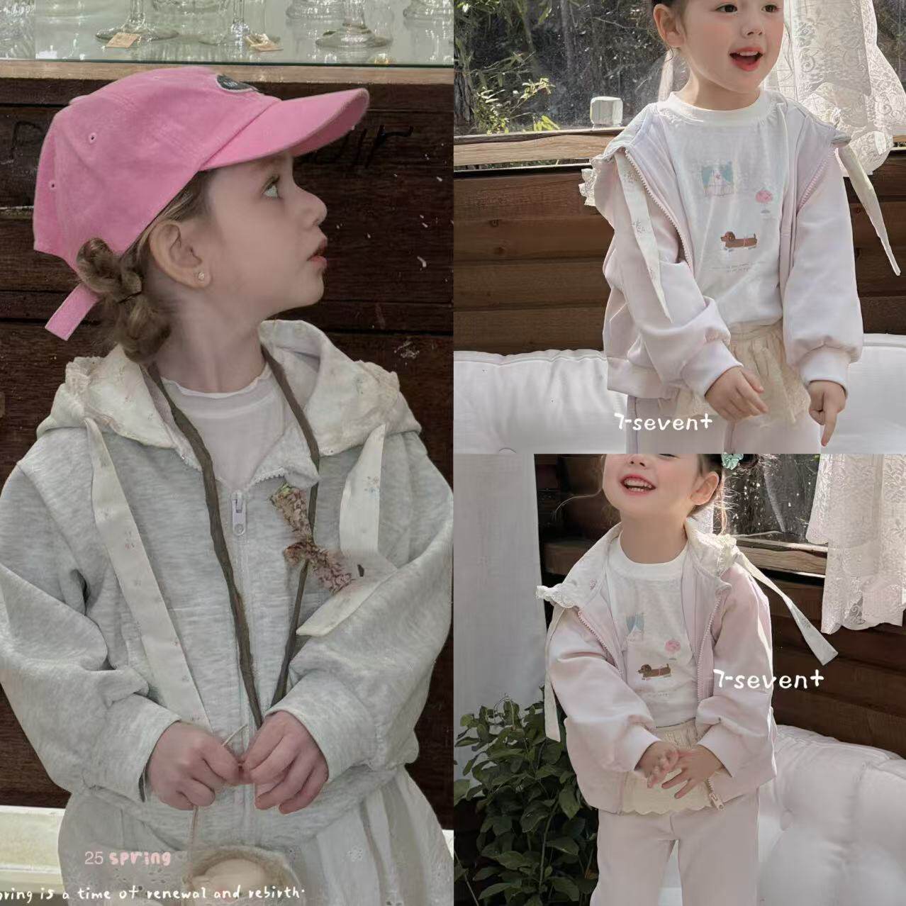 90-130女童小中童25春款7seven韩版洋气可爱舒适粉色连帽运动套装