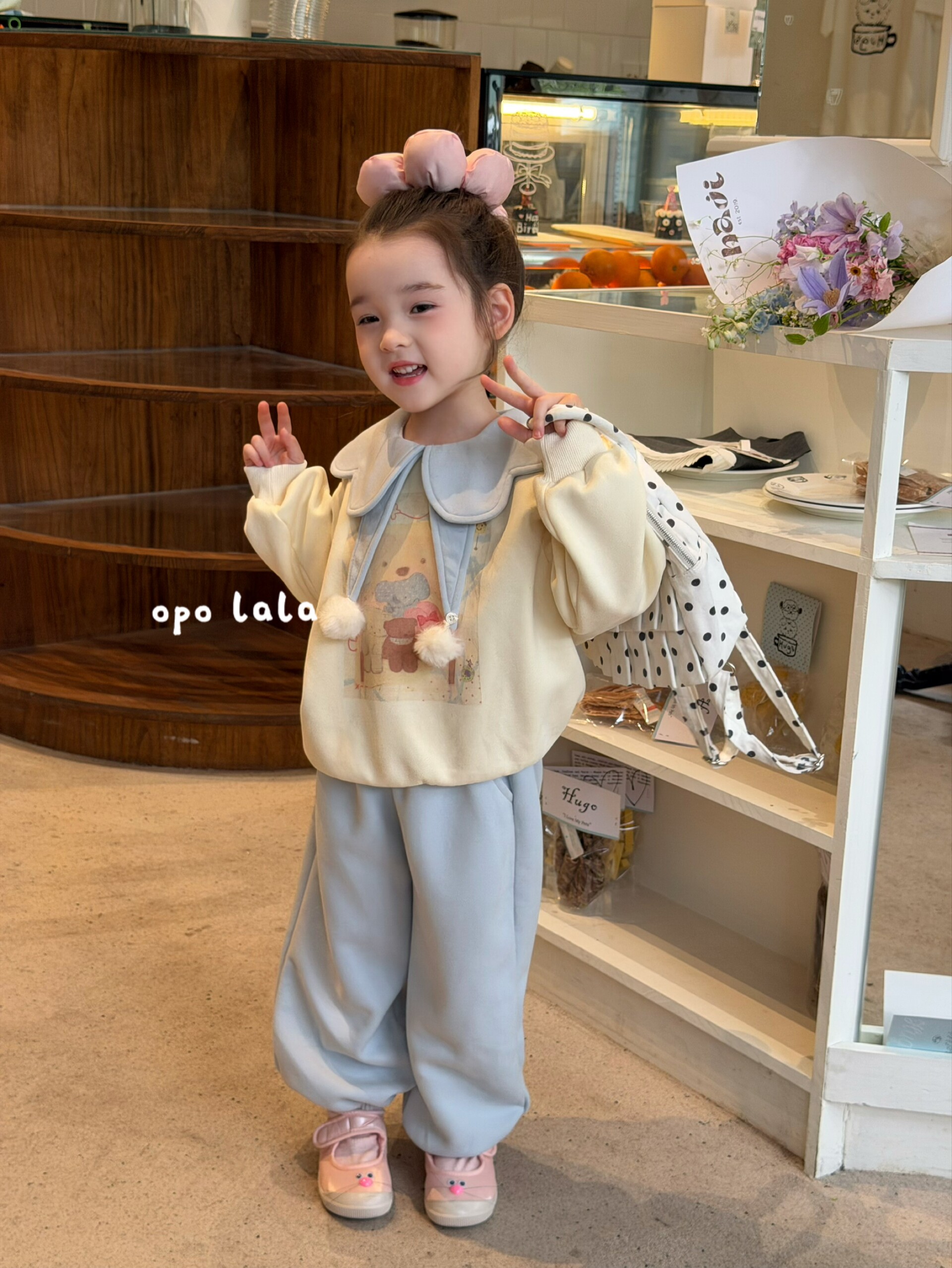 opolala90-130小童女童2026秋季新款米色球球卫衣蓝色卫裤长裤