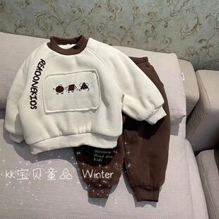 90-130男童23冬季童装简约可爱拼色运动休闲加绒加厚卫衣卫裤套装