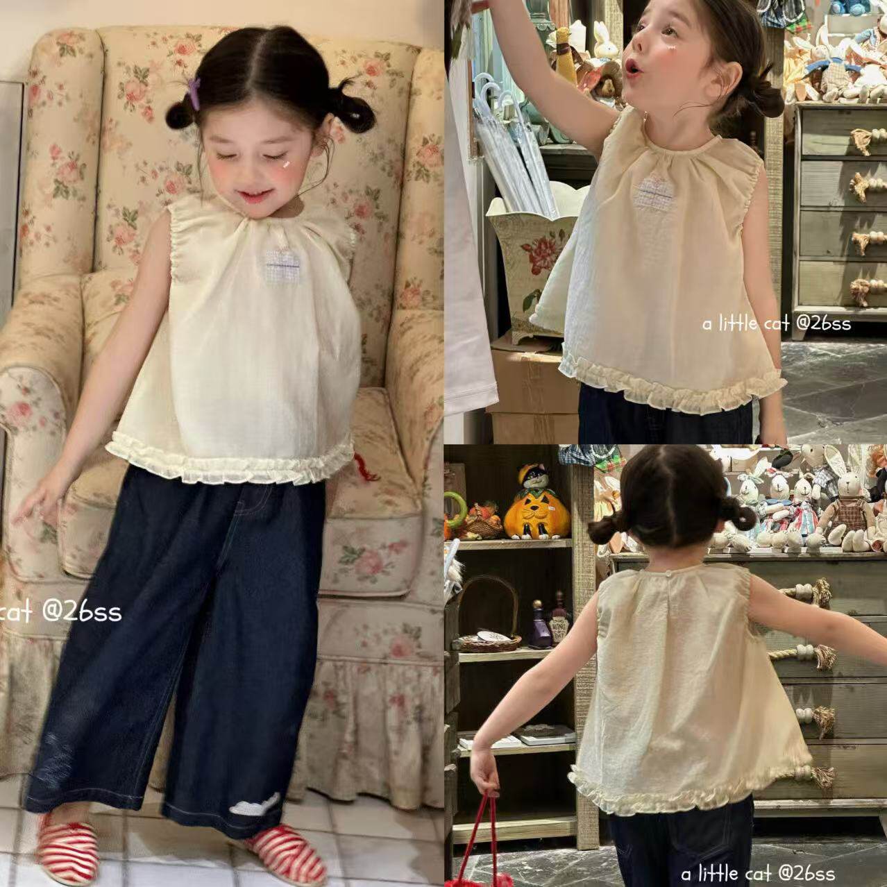 小猫集邮册110-150女童26夏简约洋气时尚无袖背心直筒牛仔九分裤