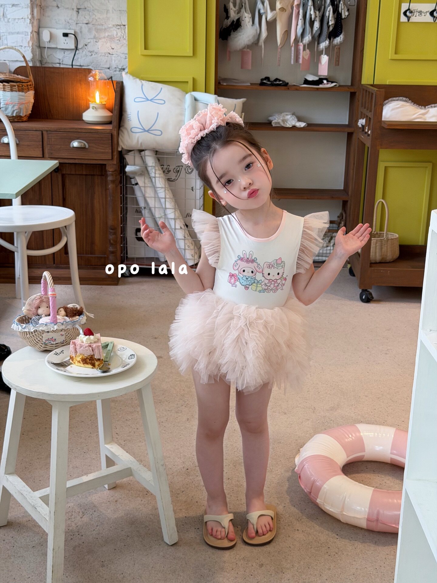 opolala正品90-130女童26夏kitty猫韩版可爱粉色飞袖连体游泳衣服